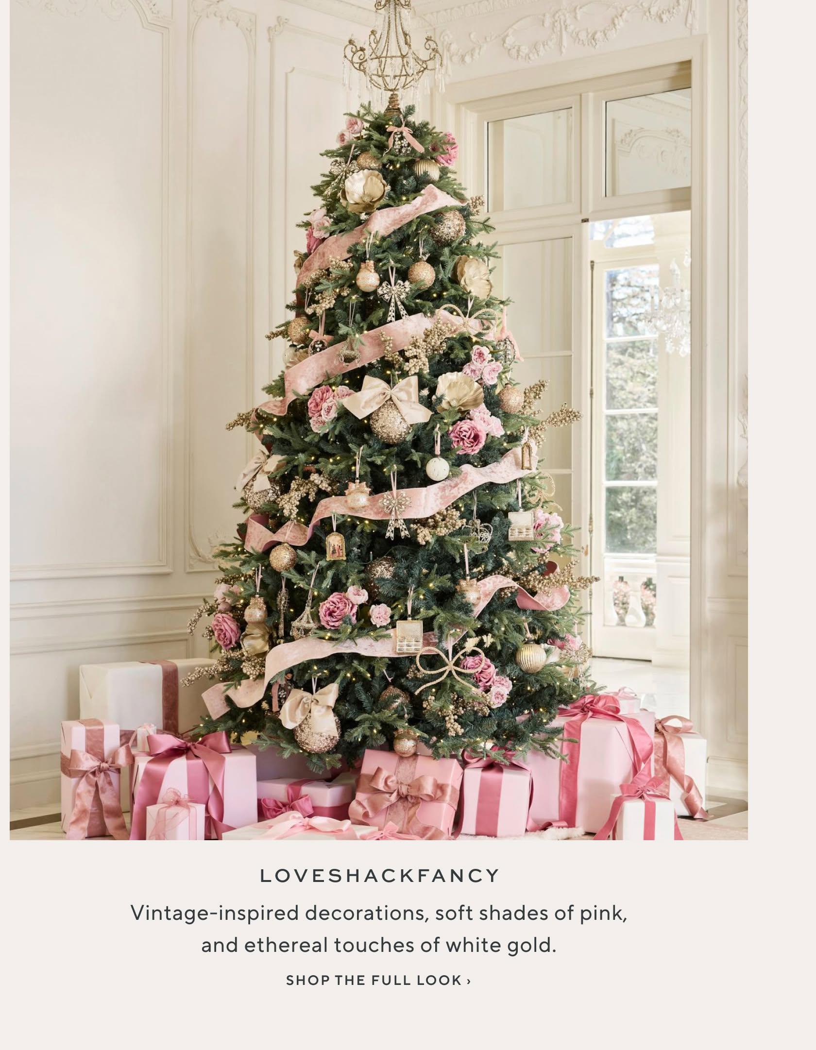 LoveShackFancy: vintage-inspired decorations, soft shades of pink, and ethereal touches of white gold. Shop the full look.